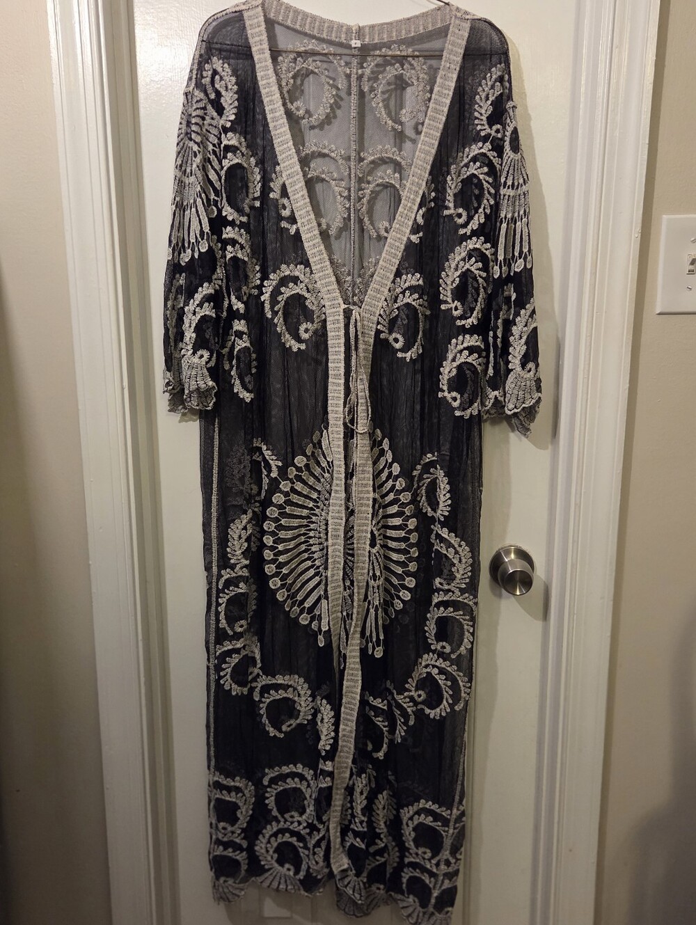 Elegant Lightweight Embroidered Black Sheer Swim Cover Up with Cream Lace.